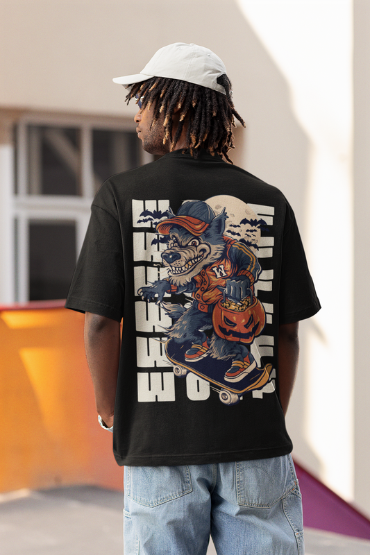 Black Beige Navy Illustrated Werewolf Oversized T-Shirt